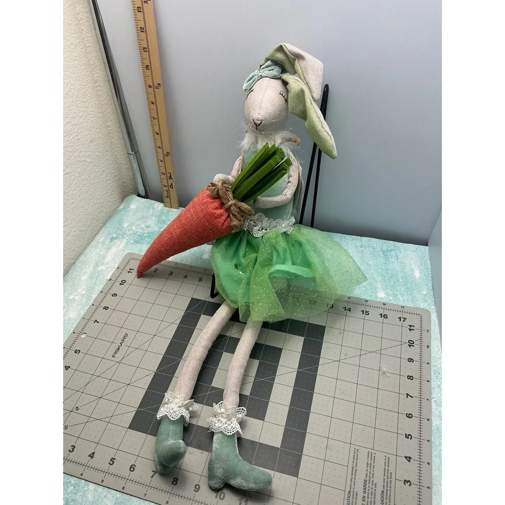 Odellette Easter Bunny Shelf Sitter Green Tutu Velvet Plush Rabbit with Carrot